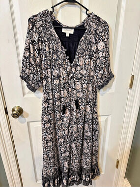 Cleobella Floral Midi Dress in Black & Tan Size Large